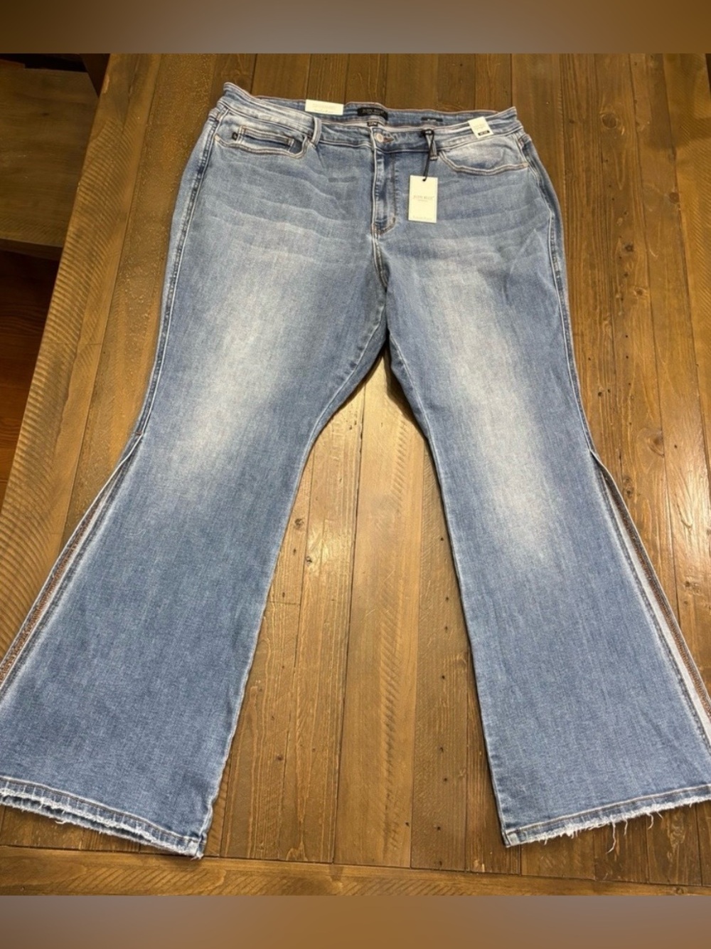 Judy Blue Mid Rise Raw Hem Flare Jeans with Peek-a-boo Slits